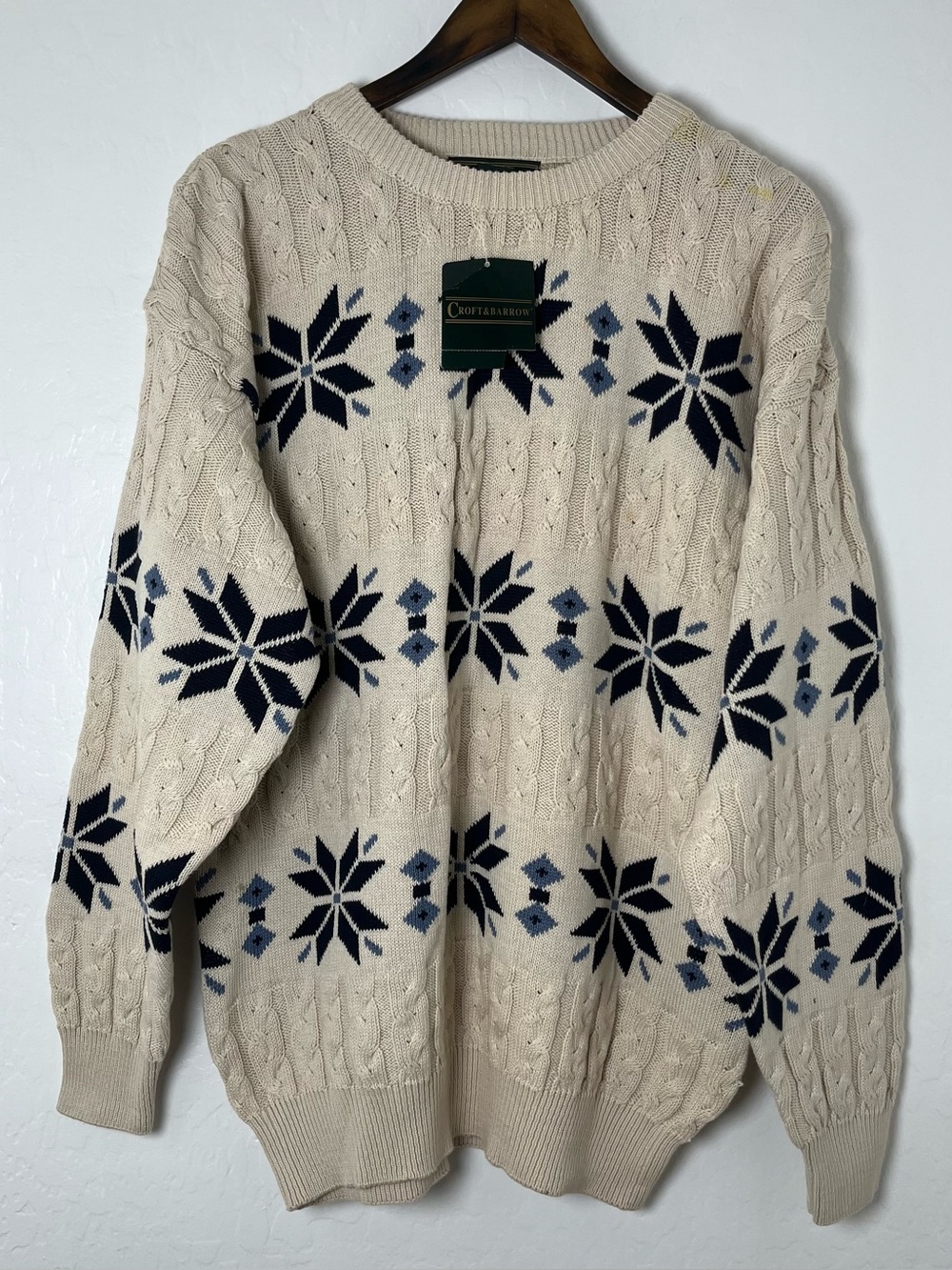 Vtg 90s Croft Barrow Fair Isle Snowflake Sweater 100% Cotton Heavy Cable Knit L